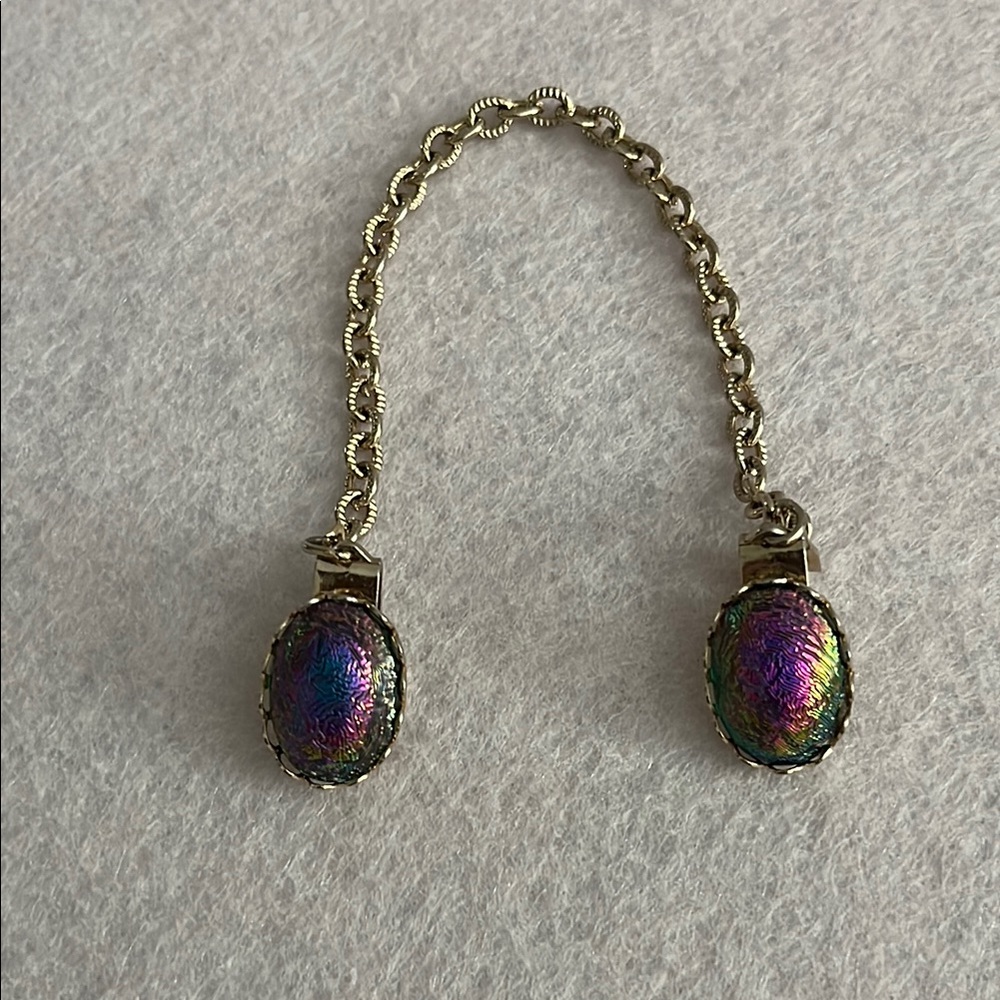 Vintage Midcentury Iridescent Peacock Cabochon Sweater Guard.